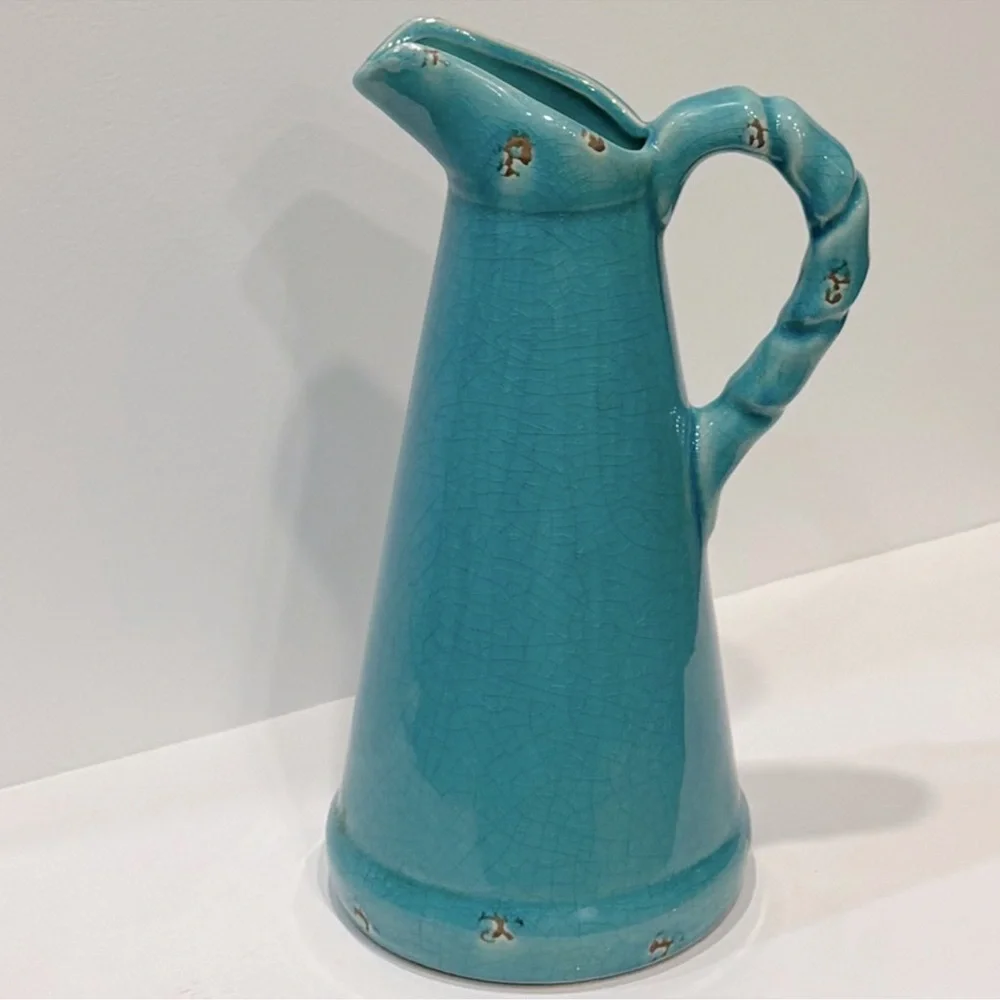 Vintage Pottery Vase Pitcher Water Jug Rustic Antique Glaze Turquoise Blue Green